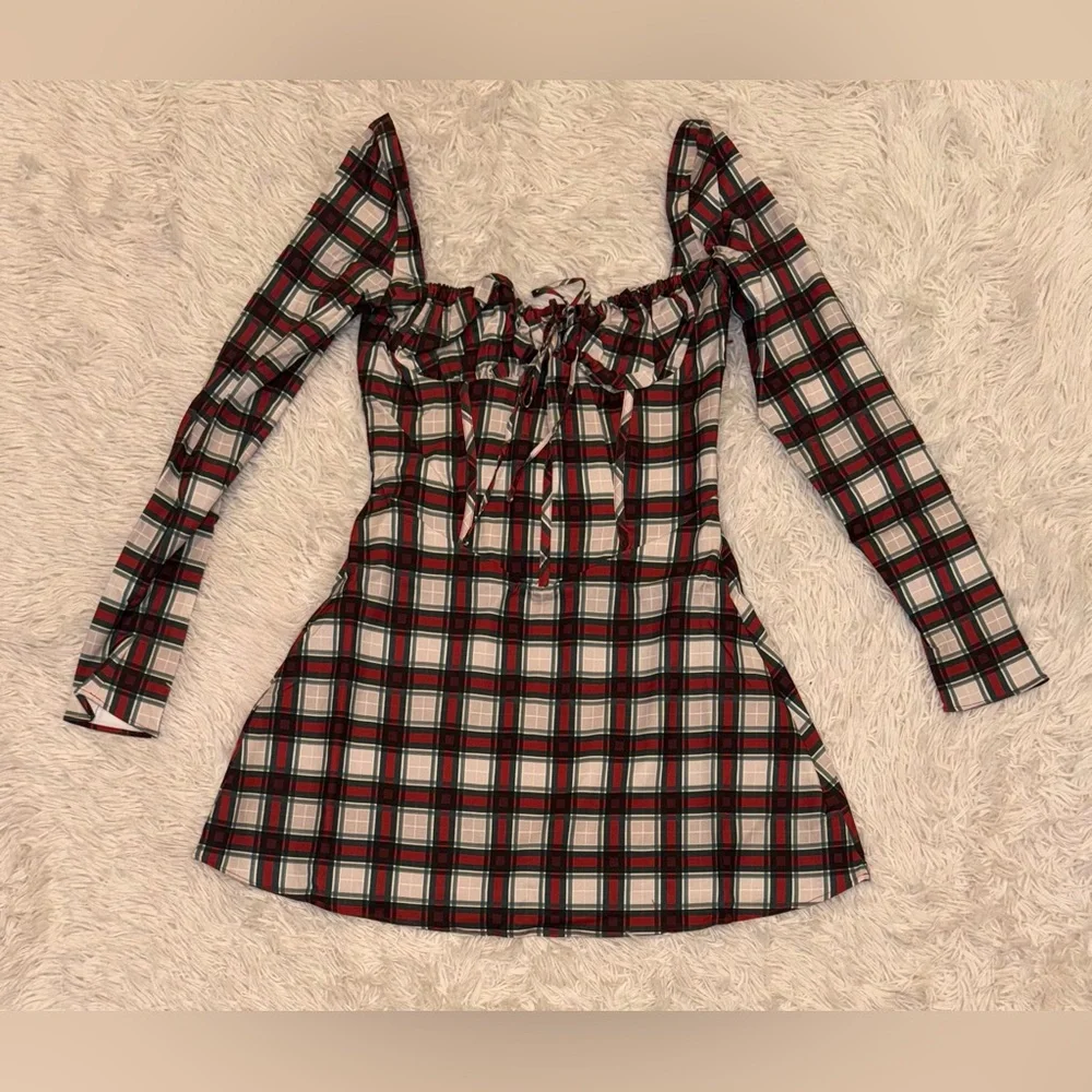 NEW House of CB Malika Long Sleeve Cocktail Tartan Minidress sz L fuller cup_3